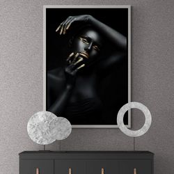 Sensual Woman Framed Canvas, Sexy Black Woman Wall Art, Sensual Photo Art, Hot Woman Wall Art, Gold Glitter Canvas, Gold
