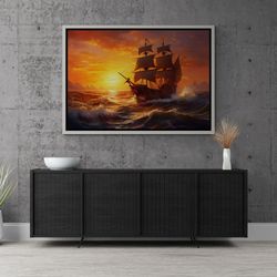 Sunset Framed Canvas, Pirate Ship Wall Art, Landscape Wall Art, Sea Wall Art, Sailing Ships Canvas, Ship Canvas, White F