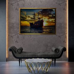 Sunset War Ship Framed Canvas, Pirate Ship Wall Art, Seascape Canvas, Sailing Ship Canvas, Sunset Wall Art, Ship Black F