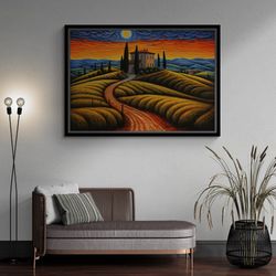Van Gogh Style Artwork, Home in Nature Framed Canvas, Sunset Canvas, Unique Landscape Wall Art, Nature Wall Art, Large S