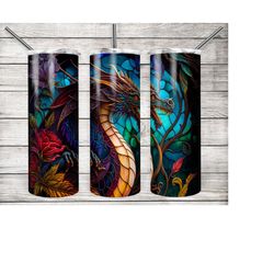 Stained Glass Dragon Tumbler Wrap, Fantasy Decor, Gamer Gifts, Tumbler Wrap Template, Sublimation Download, Customized T