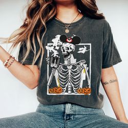 vintage skeleton drink coffee comfort colors shirt, funny skeleton t-shirt, disney mickey ears skull shirt, halloween sh