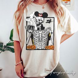 vintage skeleton drinking coffee comfort colors shirt, disney halloween shirt, skeleton mickey ears shirt, halloween fam