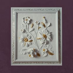 Sculptural wall art Framed art work Gold and White bas-relief Botanical Plaster Relief Modern 3d wall ready to hang