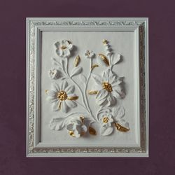 sculptural wall art framed art work gold and white bas-relief botanical plaster relief modern 3d wall ready to hang