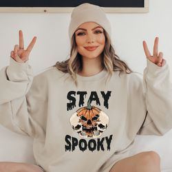 retro stay spooky sweatshirt, halloween skeleton sweater, creepy pumpkin halloween gift