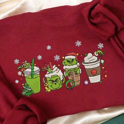 Christmas Embroidery Designs, Grinchmas Coffee Embroidery, Iced Warm Winter, Hand Drawn Embroidery, Merry Christmas Embroidery