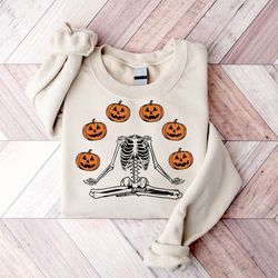 pumpkin halloween sweatshirt, skeleton halloween shirt, pumpkin shirt, fall sweatshirt for women, dancing skeleton sweat