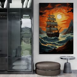 Abstract Sailboat Wall Art, Sailing Boat Framed Canvas, Pirate Ship Wall Art, Nature Painting, Sunset Seascape Canvas, S