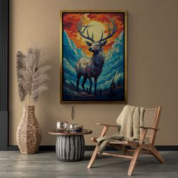 animal wall art, colorful deer framed canvas, nature wall art, wild deer canvas, abstract wall art, sunset canvas, gold
