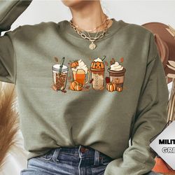 cute fall coffee sweatshirt, women halloween shirt, halloween pumpkin latte drink cup, coffee lover tee shirt, pumpkin s