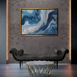 blue marble patterned framed canvas, marble patterned wall art, modern artwork, blue wall art, large canvas, abstract go