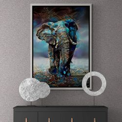 blue tones elephant framed canvas, blue tones elephant wall art, luxury wall art, elephant lover canvas, elephant, white