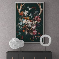 deer head with colorful flowers framed canvas, flower wall art, colorful deer canvas, deer wall art, buckhorn canvas, wh