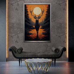 deer framed canvas, sunset landscape wall art, minimal canvas, animal wall art, wild deer canvas, deer art, nature black