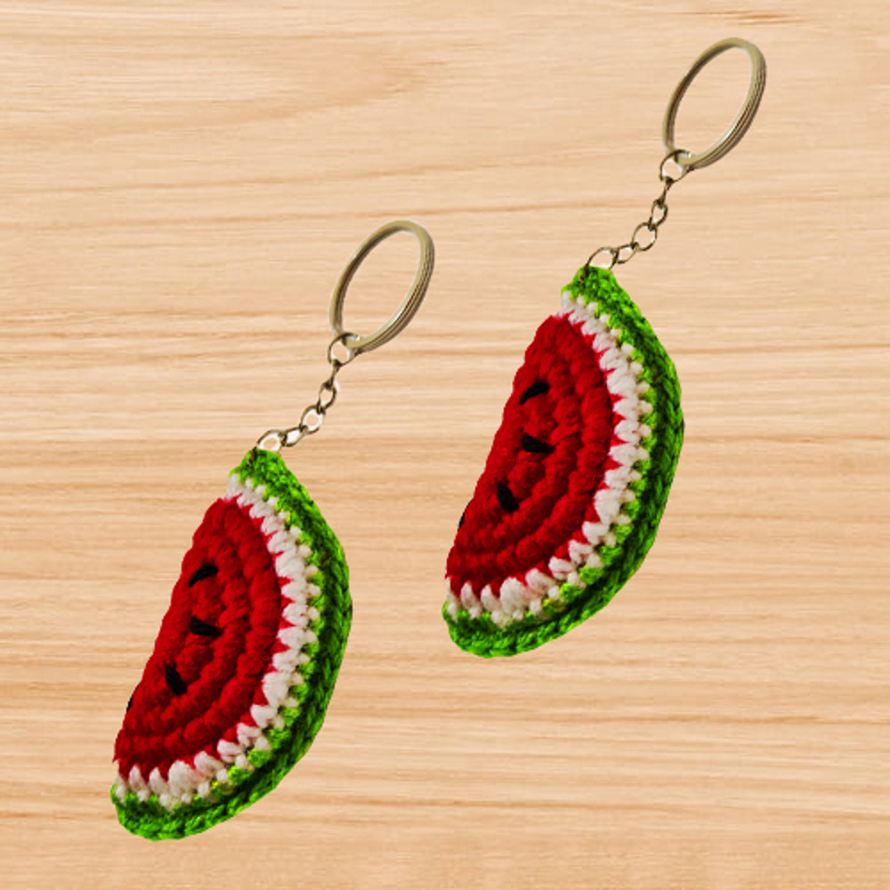 a crochet watermelon keychain pattern