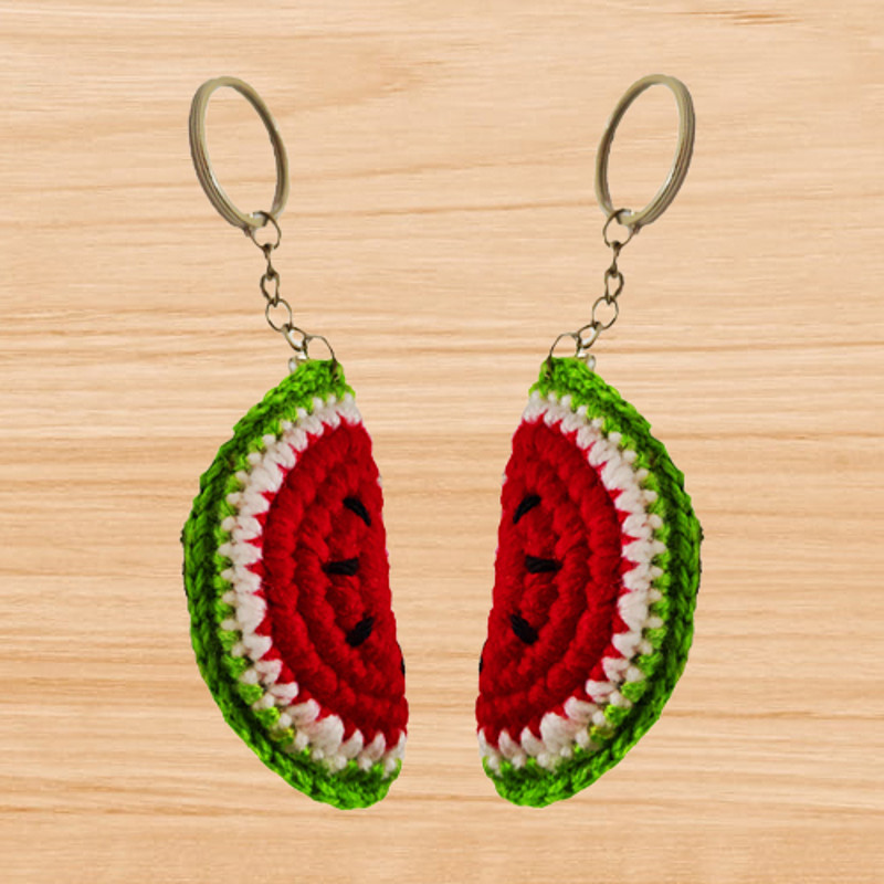 a crochet watermelon keychain pattern