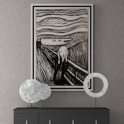 edvard munch framed canvas, the scream wall art, edvard munch canvas, scream wall art, black and white, reproduction bla