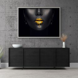 golden lips framed canvas, black woman wall art, trendy wall art, girl with earring canvas, luxury gold liquid drops whi
