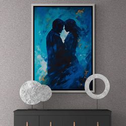 hugging couple wall art, women and men framed canvas, romantic couple wall art, blue background canvas, abstract black f