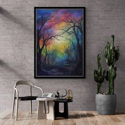 Midnight Wall Art, Trees Framed Canvas, Starry Sky Canvas, Night Landscape Wall Art, Nature Canvas, Colorful Wall Art, W