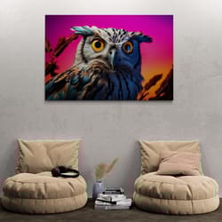 owl wall art, exotic animal framed canvas, wild life wall art, bird canvas, colorful owl wall art, animal canvas, silver