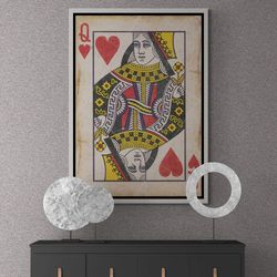 queen of hearts wall art, playing card framed canvas, play room wall art, playing card queen, vintage style canvas, whit