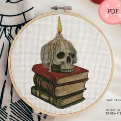 Halloween Cross Stitch Pattern , Skull Candle With Books,Skull X Stitch Chart, Instant Download,Pdf,Scary Night,Spooky