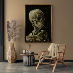 skeleton smoking wall art, gogh skull of a skeleton, skull framed canvas, skull with burning cigarette, van gogh canvas,