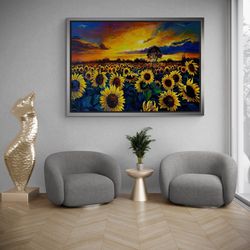 sunflower field framed canvas, sunflower field canvas, nature landscape wall art, oil painting canvas, sunflower, black