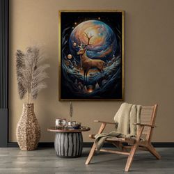 surreal deer wall art, deer in space framed canvas, animal artwork, surreal space wall art, surrealism canvas, space gol