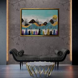 Trees Framed Canvas, Mountain Wall Art, Abstract Landscape Framed Canvas, Abstract Forest Canvas, Nature Landscape, Whit