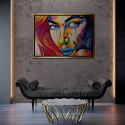 woman beautiful portrait wall art, oil painting framed canvas, woman face canvas, woman portrait, colorful girl canvas,