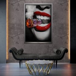 woman smoking cigar framed canvas, woman with red lipstick wall art, euro cigar canvas, smoky wall art, cigar canvas, bl
