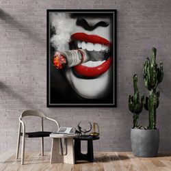 woman smoking cigar wall art, woman with red lipstick framed canvas, dollar banknote wall art, sexy woman canvas, gold f
