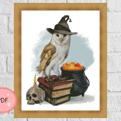 Cross Stitch Pattern,Barn Owl Wearing Witch Hat,Pdf,Instant Download,Watercolor X Stitch Chart,Book Lovers,Skull,Magic