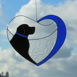 Dog Black Retriever Labrador in Blue Heart . Art Stained glass window hanging Suncatcher. Gift for animal lover, pet los
