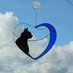 Black Cat in Blue Heart . Art stained glass window hanging Suncatcher. Gift for animal lover, pet loss memorial