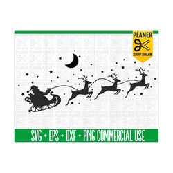 santa's sleigh silhouette, santa sleigh svg, reindeer silhouette, santa svg, santa silhouette, christmas night svg files