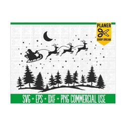 santa sleigh svg, starry night forest svg, merry, cut file,christmas night svg, reindeer silhouette,pine trees svg, sant