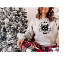 black cat halloween sweatshirt, cat lover sweatshirt, cat and moon hoodie, spooky moon celestial magic crystals, black c