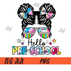 hello preschool girls messy bun png, first day of preschool png, first day of school png