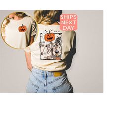 halloween skeleton drinking coffee shirt, skeleton coffee tee, skeleton fall shirt, pumpkin shirt, coffee lover shirt, f