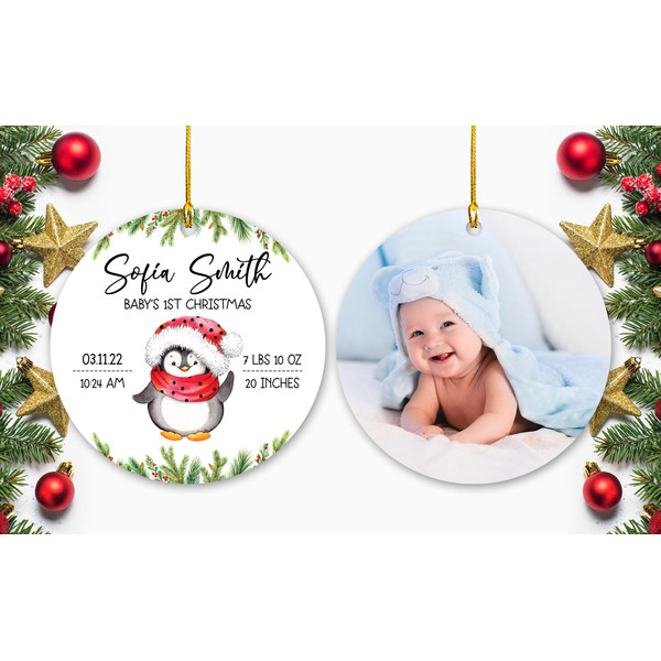 Baby Penguin Birth Stats Ornament, Baby's First Christmas Ornament, Personalized Ornament, Baby's 1st Christmas  Ornament - 1.jpg