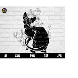 sphynx cat svg, sphynx cat with flower svg, floral sphynx cat tshirt svg, cat with flowers and floral shirt svg cut file