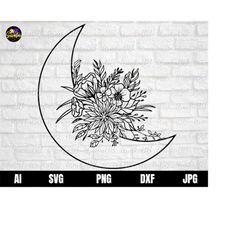 moon svg, floral moon svg, flower moon svg, floral svg, crescent moon svg, half moon svg, wildflower moon svg, moon with