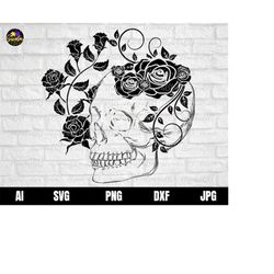 floral skull svg, skull with rose flower svg, skull svg, rose skull svg, skeleton flower svg, skull and rose svg dxf jpg
