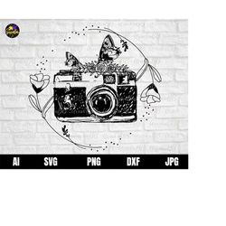camera svg, floral butterfly svg, photography and flower svg, floral butterfly svg, camera and flower logo svg for cricu