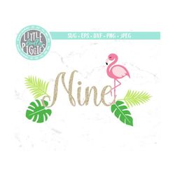 tropical flamingo nine svg png cut file, pink gold birthday print file, sublimation
