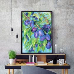 Plums, fruit image, poster with plums, Oil pastel, Art print from the original painting, Digital file, Wall decor